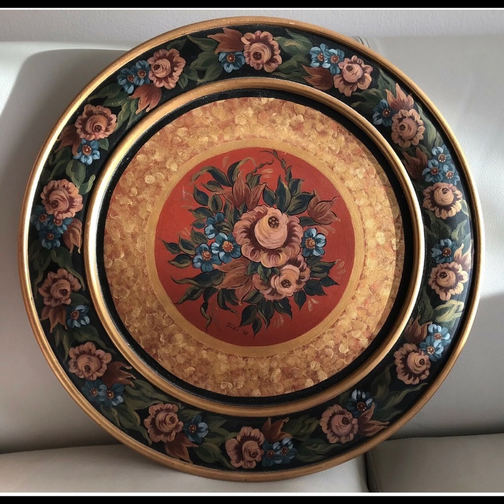 Vintage 1998 Ikuko Signed Hand Painted 🎨  FLORAL Wood PLATE🌹Gold Tone🌹Decor🌹